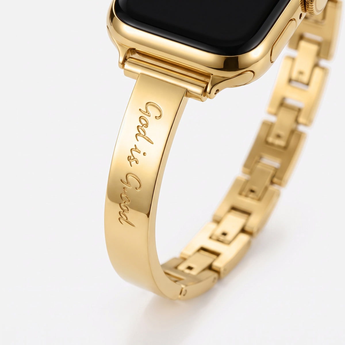 Fede Bangle Band in gold — close-up of the God is Good script engraving