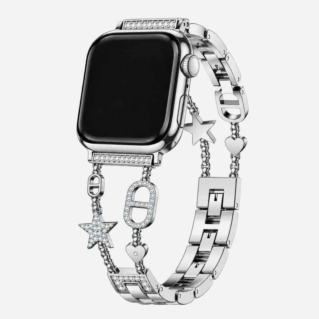 Stellina Charm Band in silver on an Apple Watch